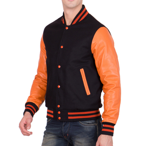Mens Black and Orange Varsity Jacket Orange Leather Sleeves Letterman Bomber Jacket Casual Baseball Style Winter <b>Warm</b> Outerwear - Product Image 2