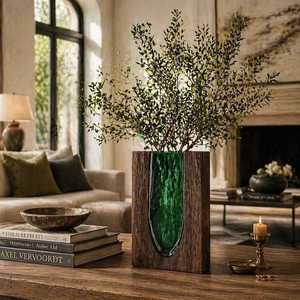 Jarrón de Vidrio Verde Hecho a Mano con Marco de Madera, Decoración Rústica Moderna, Centro de Mesa, Regalo de Inauguración de Casa - Product Image 6