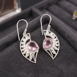 Boucles d'oreilles pendantes Niharika Gems pour femme en argent 925, motif géométrique, perle d'eau douce, morganite rose, sertissage clos, usage quotidien - Product Image 3