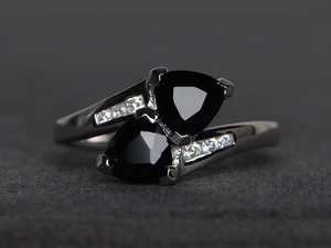 Anillo de fiesta de cóctel con espinela negra natural, corte trillón, gema negra, plata de ley, doble gema, joyería - Product Image 6
