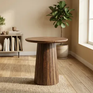 Modern Solid Wood Side <b>Table</b> With Fluted Pedestal Base Handmade Round Accent <b>End</b> <b>Table</b> for Living Room Bedroom Decor - Product Image 3