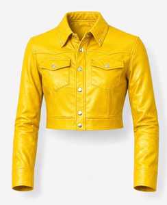 Veste en cuir courte pour femme, design tendance, jaune vif, coupe ajustée, style trucker, pièce maîtresse de la mode - Product Image 1