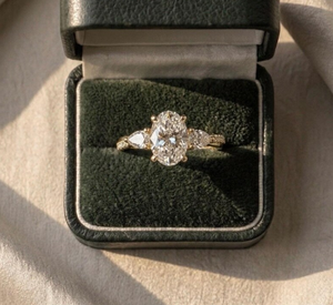 Sparkledge Creation LR-28 Durable 3CT Oval Lab Grown Diamond Three <b>Stone</b> Engagement <b>Ring</b> E VVS2 Pear Accent Gold IGI Certified - Product Image 5