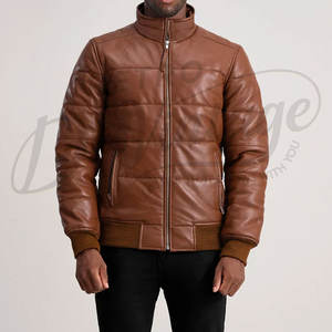 Blouson matelassé en cuir synthétique marron pour homme, coupe ajustée, col montant, style bomber, idéal pour l'hiver - Product Image 6