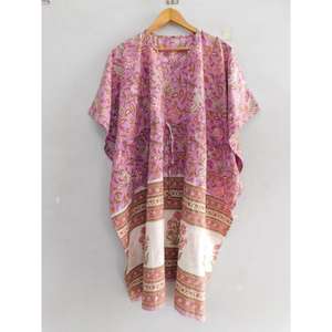 Cotton Block Print V-neck Batwing Sleeves Fit Flare Silhouette Kaftan Dress Boho Handmade <b>Beach</b> Cover Loose <b>Tunic</b> Summer Resort - Product Image 3