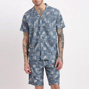 Ensemble décontracté d'été 2 pièces pour homme : chemise et short en lin, taille élastique, respirant, en polyester et coton, personnalisable - Product Image 1