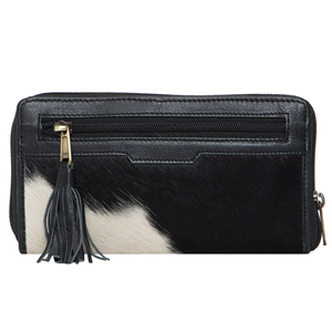 Women's Long Genuine Leather <b>Wallet</b> With Cowhide Print Zipper Closure Tassel Bohemian Style Multifunctional Daily Use - Product Image 1