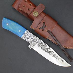 Custom Engraved Stainless Steel Fixed Blade Hunting Knife With Blue Handle Blade 0.7mm Thickness - Product Image 5