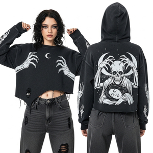 Sweat-shirt court noir pour femme, à ourlet asymétrique, avec motif mains de squelette et phases de lune, style streetwear gothique vieilli - Product Image 1