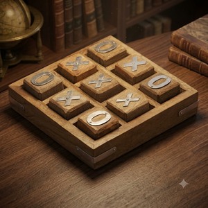 Tablero de Juego Tic Tac Toe Cuadrado de Madera Natural Tallada a Mano con Piezas Metálicas X y O, Rompecabezas de Estrategia Vintage - Product Image 1