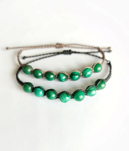 Handmade Macrame Malachite <b>Bracelet</b> Set Natural Green Gemstone Beads Black Beige Cord <b>Adjustable</b> Boho Jewelry - Product Image 4