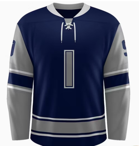 Maillot de hockey sur glace personnalisé pour hommes, manches longues, rayures bleu marine et vert, polyester respirant, col rond, uniforme adulte - Product Image 1