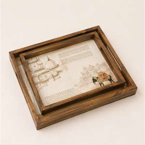 Handcrafted Set of 3 Wooden Serving Trays with Royal Indian <b>Elephant</b> & Palace Art Enamel Coated Nesting <b>Decorative</b> Tray - Product Image 6