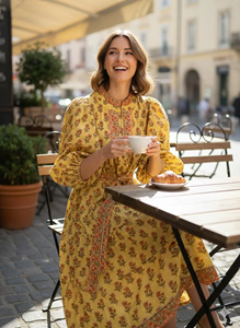 Vestido Anarkali Amarillo Mostaza de Algodón con Estampado Floral Hecho a Mano para Mujer, Vestido Largo Tradicional Rajasthani con Estampado Buti - Product Image 3