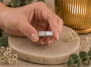 Custom Sparly <b>Emerald</b> Cut Moissanite Full Eternity Band <b>Ring</b> 925 <b>Silver</b> Unique Wedding Anniversary Jewelry Fine Gift Her - Product Image 1