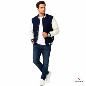 Veste universitaire bleu marine pour homme SINEWY avec manches et rayures blanches, col rabattu décontracté, coupe classique, vêtement d'automne - Product Image 3