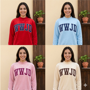 Women's <b>Pink</b> Turtleneck <b>Sweatshirt</b> With Purple WWJD Letter Print Regular Fit Full Sleeve Knitted Cotton Autumn Wear - Product Image 5