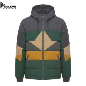 OEM <b>Men</b> Geometric Chevron Puffer Jacket, Hooded Winter Jacket with Charcoal, Forest Green, and <b>Khaki</b> Multi-Panel Cut Panel - Product Image 1