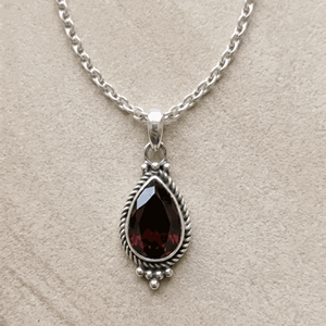 Classic Sterling Silver Garnet Pendant <b>Necklace</b> Water Drop Shape Bezel Setting Figaro Chain Unisex Everyday Wear Jewelry - Product Image 2