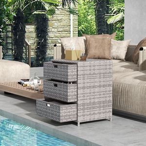 Mobiletto portaoggetti a 3 cassetti in rattan grigio, organizer per piscina in vimini PE con portasciugamani da esterno - Product Image 2