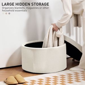 Pouf Contenitore Rotondo da 24 Pollici in Velluto a Coste Beige con Coperchio, Poggiapiedi e Panca per Casa, Ufficio, Soggiorno, Camera da Letto - Product Image 4