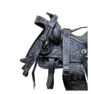 Juego de aparejos de cuero negro estilo western con diseño floral y adornos artesanales, de gran venta - Product Image 3