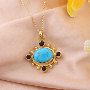 Collier tendance en turquoise bleue avec pendentif soleil en quartz noir, chaîne en laiton plaqué or 18 carats, cadeau pour femme - Product Image 2
