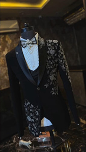 Traje de esmoquin negro bordado para hombre – Blazer de diseñador para boda con lentejuelas florales, traje para fiesta de novio - Product Image 4