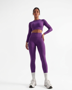 Ensemble de yoga 2 pièces pour femme, sans couture, séchage rapide, col rond, décontracté, confortable, taille haute élastique, couleur unie, personnalisable - Product Image 4