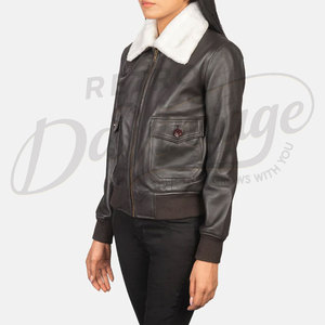 Chaqueta Bomber de Cuero Genuino Marrón Oscuro para Mujer, con Cuello de Piel Sintética Blanca, Corte Ajustado, Piel de Oveja Premium, Abrigo de Invierno Estilo Piloto - Product Image 5