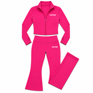 <b>Ladies</b> Activewear 2 Piece Yoga Set Fitted Zip Winter <b>Crop</b> <b>Jacket</b> High Waist Flare Pants Custom Stretchy Sport Outfit Supplier - Product Image 3