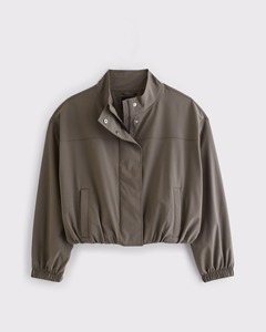 Women's Olive Green Stand Collar Blouson Jacket With <b>Zipper</b> Closure Full Sleeve Utility Style Woven Polyester Spring Wear - Product Image 2