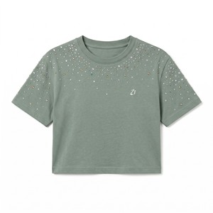 T-shirt court personnalisé avec strass, débardeur vert sauge à col rond et manches courtes, chemise décontractée pour femme, tenue d'été - Product Image 3