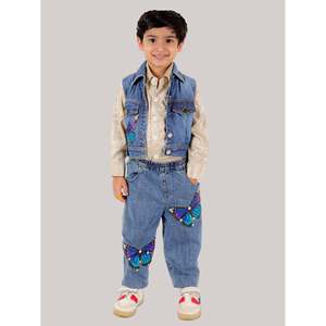 Ensemble de vêtements d'extérieur pour garçons, chemise en coton mélangé, veste en jean à manches longues, beige, bleu, ornée de belles appliques de papillons - Product Image 1