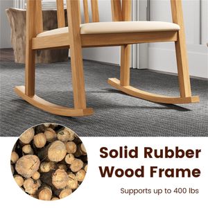 Sedia a Dondolo in Legno di Gomma Massiccio con Capacità di Carico di 400 LBS, Cuscino in Lino, Ecologica, per Interni, Naturale - Product Image 5