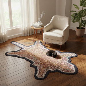 Tapis artisanal tibétain en fourrure de tigre, motif animalier rose beige doux, bord festonné foncé, à poils ras, pour la décoration intérieure - Product Image 2