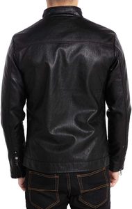 Chaqueta de moto de cuero genuino negro para hombre, cuello alto, cierre de cremallera, corte ajustado, manga regular, estilo otoñal - Product Image 3