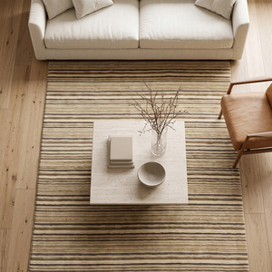 Tapis à rayures horizontales en laine beige, marron, taupe, écologique, antidérapant, texturé, neutre, pour salon, chambre, hôtel - Product Image 3