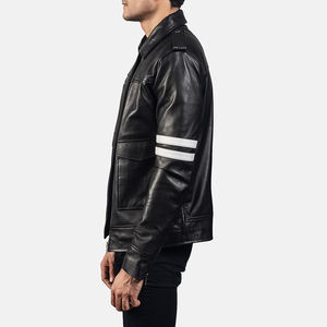 Men's Black Genuine <b>Leather</b> Biker <b>Jacket</b> with White Sleeve Stripes Zip Front Motorcycle Rider Casual Fashion Outerwear Custom - Product Image 2