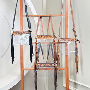 Stadium-Approved Clear Hand Tooled Leather <b>Trimmed</b> Fringe Messenger Shoulder Bag for Women's Designer Zipper Crossbody Handbags - Product Image 6