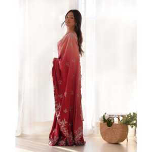 Sari de Seda Rojo sin Coser de RV Creation Designer para Bodas con Lentejuelas y Trabajo de Hilo Múltiple Zari Dori - Product Image 1