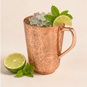 Mug Moscow Mule en cuivre pur avec motifs floraux complexes, finition antique, vaisselle de luxe pour cadeaux et bien-être ayurvédique - Product Image 3