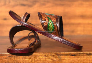 Real Handmade Genuine Women Western Style Tooled Cowhide Leather Casual Outdoor Flipflop Flat Turquoise Footwear Open Toe Sandal - Product Image 6