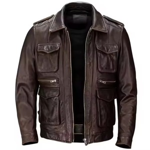 Men's Brown Genuine Leather Motorcycle Jacket Turn-down Collar Zipper Closure Regular Sleeve Solid Color Autumn Wear - Product Image 5