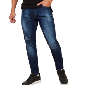 WARPRO INDUSTRY Men Ripped Distressed <b>Jeans</b> Mid Waist Straight Fit Cotton Casual Pants Dark Wash Anti Shrink Breathable - Product Image 1
