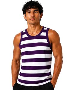 Purple <b>White</b> Striped <b>Men</b> Cotton Tank Top Sleeveless <b>Vest</b> Casual Summer Gym Fitness Shirt Breathable Loose Fit Streetwear Top - Product Image 1