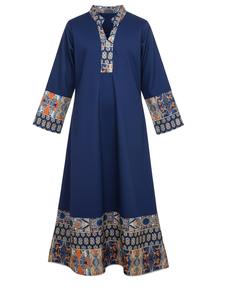 Elegante Vestido Largo Kaftan Azul Marino, Cuello Redondo, Estilo Bohemio, Transpirable y Ligero, Colección de Verano para Mujer - Product Image 2