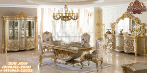 Mesa de comedor redonda de madera de teca, juego de comedor de estilo italiano moderno, acabado dorado, 6 asientos, calidad superior - Product Image 2