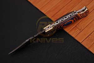 Couteau pliant artisanal en acier Damas, manche en bois, couteau de poche, couteau de camping, de chasse, EDC, avec étui en cuir - Product Image 4