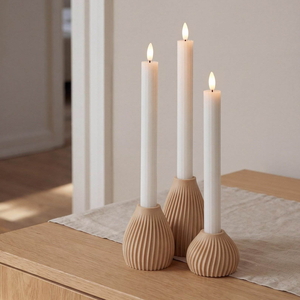 Custom Handmade Nordic Minimalist Beige Textured Wooden Taper <b>Candle</b> Holder <b>Set</b> of 3 For Home Decor Table Centerpiece Lanterns - Product Image 4
